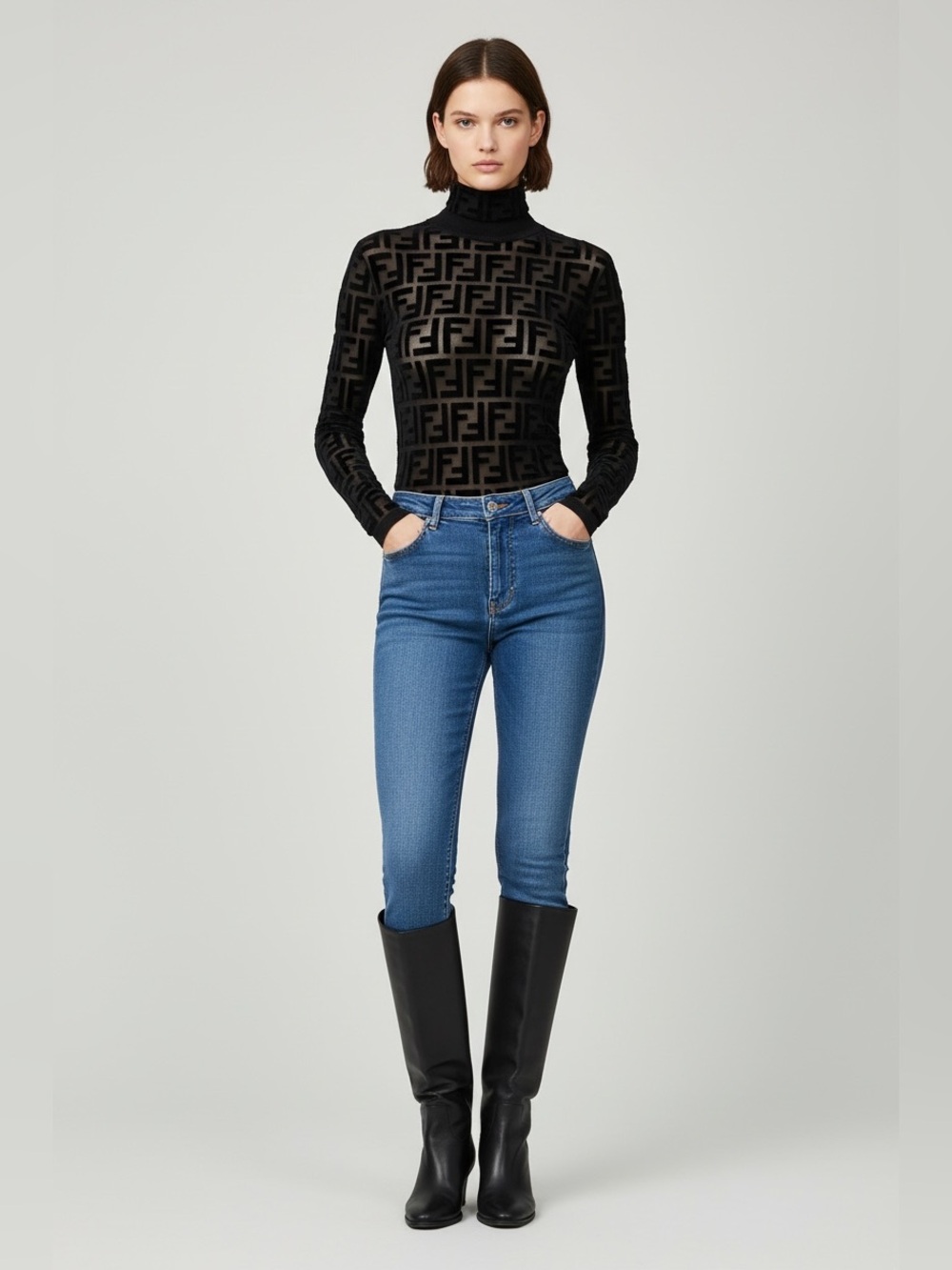 Fendi Zucca FF Monogram Turtleneck Top Black Monogram